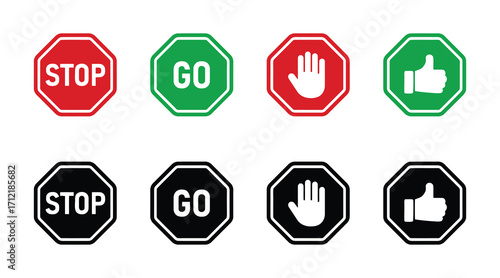Collection of traffic signs including stop and go symbols in red, green, and black, with hand and thumb icons, isolated on white background
