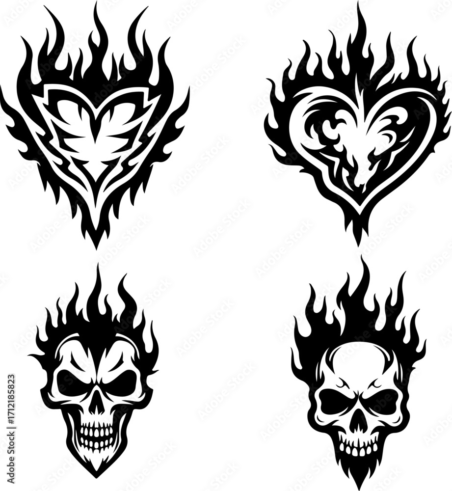 Obraz premium Flaming Skull Tattoo Vector – Tribal Fire Skull Design Illustration