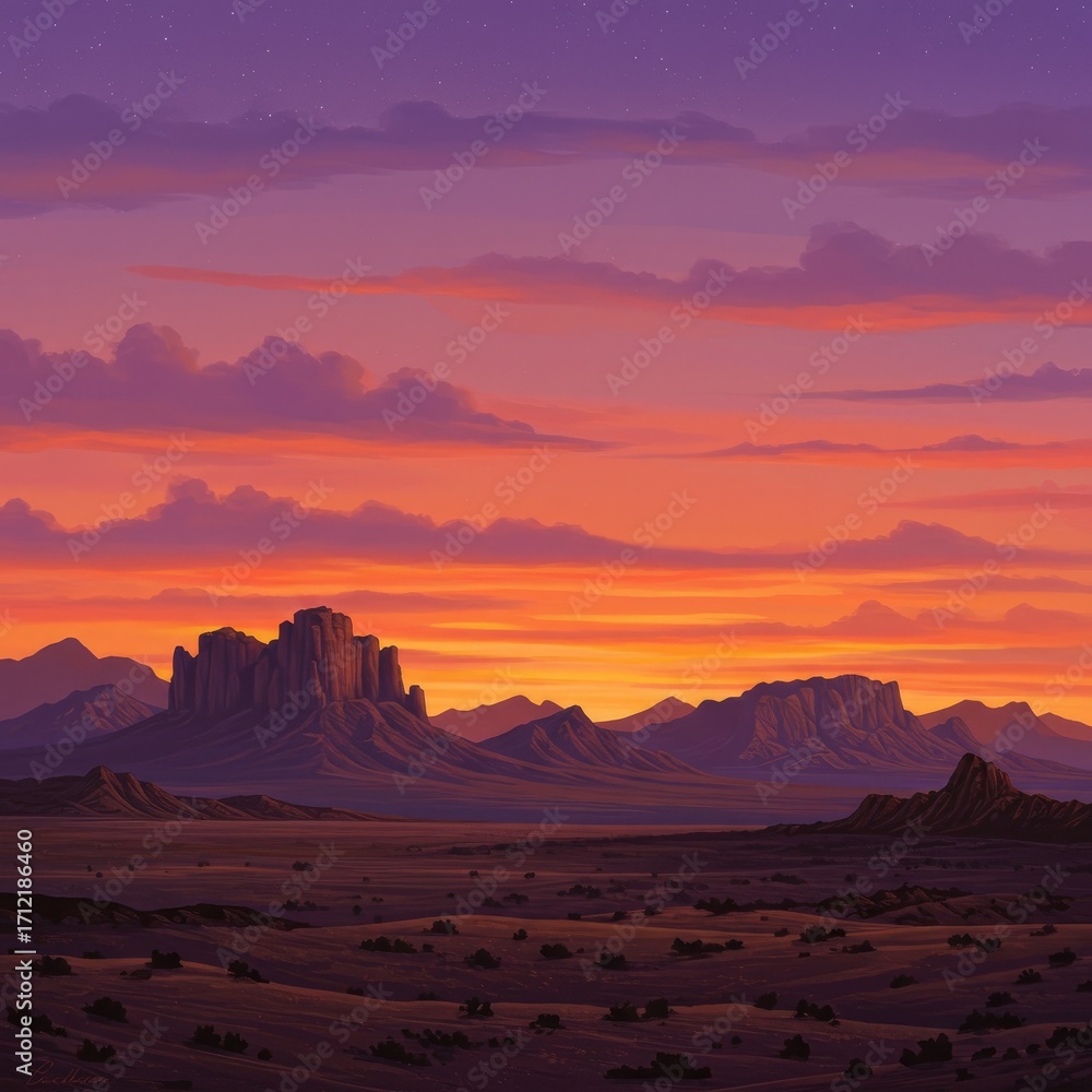 Naklejka premium Vertical desert sunset photo with glowing sky, mountains silhouetted, cactus foreground, soft light, serene atmosphere. 