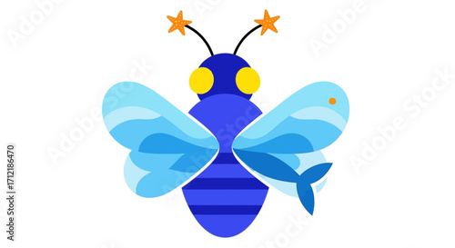 Cute cartoon blue insect with starry antennae and decorative wings.