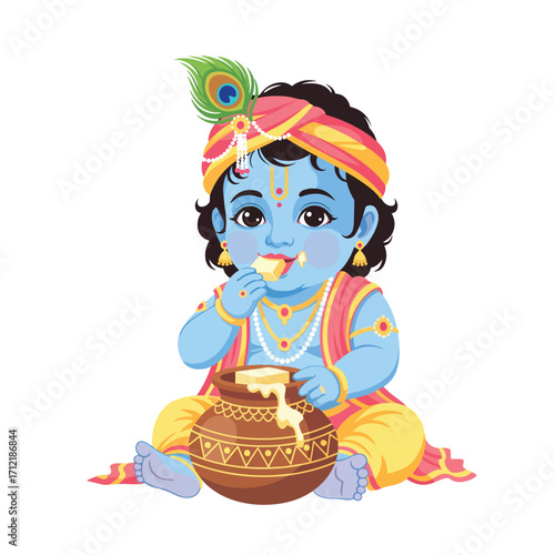 Cute Baby Krishna Eating Butter from a Pot

