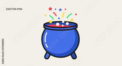 Blue magic cauldron bubbling with a colorful sparkling potion.