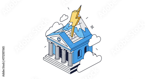 Isometric Bank Building Struck by a Powerful Lightning Bolt.