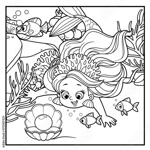 Cute little mermaid girl in coral tiara dives for pearl in shell down outlined for coloring page isolated on white background
