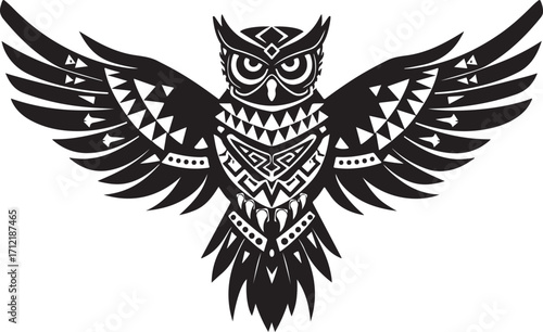 Tribal owl design with geometric patterns and black color scheme