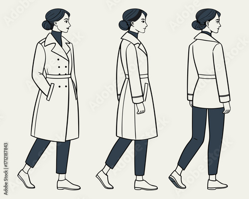 Fashion template of 50 women in different poses with main lines. 9 head size for technical drawing. Lady figure front, side, 3-4 and back view. Vector ... See More