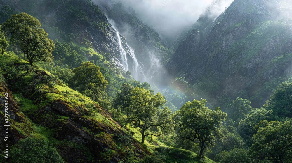 Obraz premium Powerful Waterfall in Lush Forest with Morning Mist Rainbow, Sunlight & Sharp Details