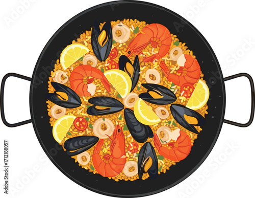 Spanish seafood paella, traditional rice dish with shrimp mussels squid lemon, Mediterranean cuisine, gourmet meal illustration, authentic culinary food design