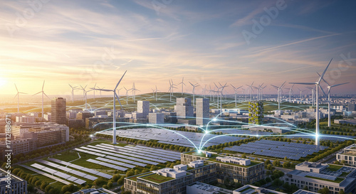 A futuristic smart city powered by sustainable energy solutions.
This high-resolution image depicts a vision of a modern, sustainable city. The cityscape is a blend of sleek
