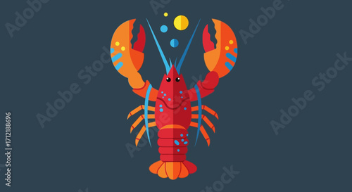 Vibrant red lobster illustration with colorful claws and bubbles.