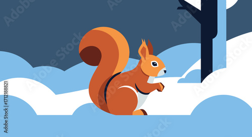 Cute squirrel in winter scene with fluffy tail and alert eyes.