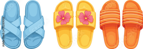 Summer sandals illustration, colorful beach slippers vector, casual footwear design, flip flop style, fashion slides, tropical shoes, comfortable holiday wear