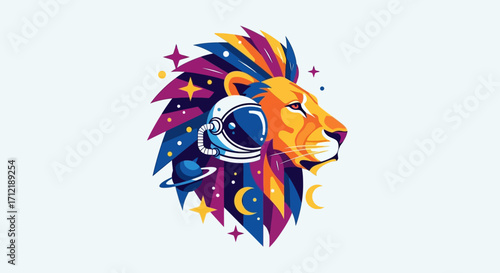 Lion in Space - A Colorful Fusion of Wildlife and Cosmic Exploration.