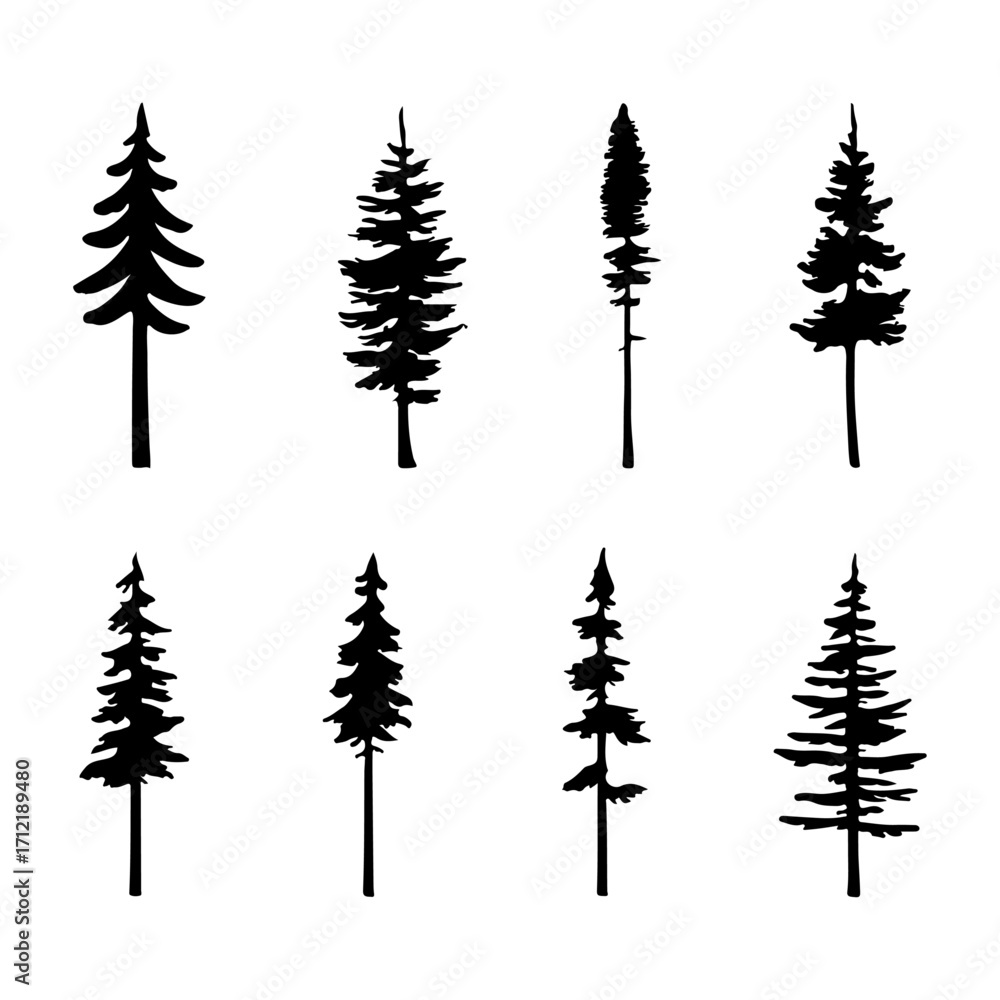 Obraz premium Vector silhouette illustration of a winter forest landscape with pine and fir trees