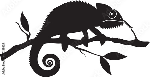 Black chameleon silhouette on branch, hunting instinct captured