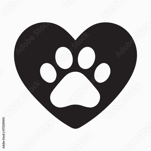 Heart shaped silhouette with paw print inside symbolizing animal love care and companionship adorable design for pet related themes