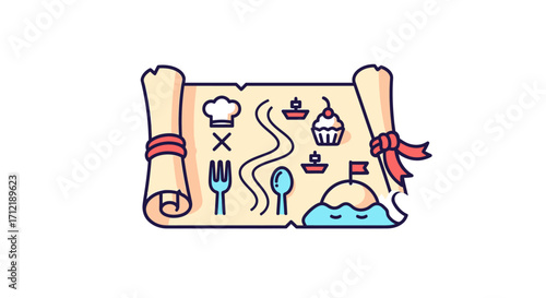 Cartoon Food Treasure Map Leading to a Delicious Destination.