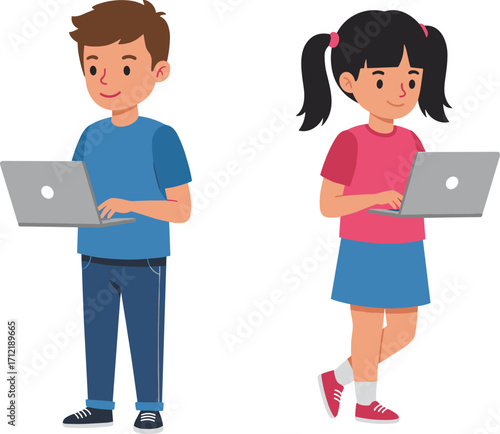 Cartoon children using laptops, happy boy and girl with technology, digital learning, online education activity, modern vector illustration  children using laptops, happy boy and girl wit