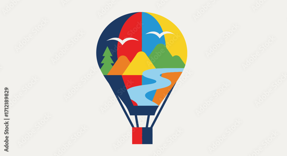 Obraz premium Colorful hot air balloon with a vibrant nature landscape inside.