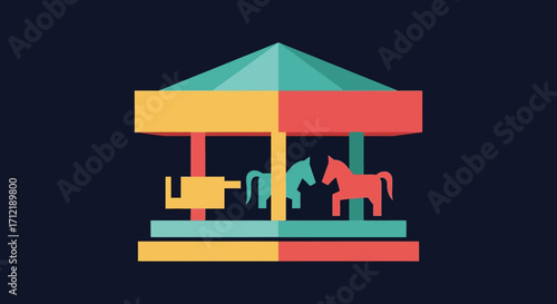 Colorful flat design carousel with horses icon.