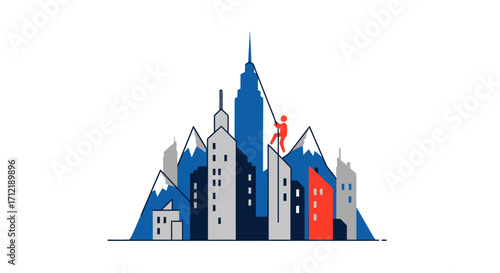 Man climbing skyscraper reaching for success in urban landscape.