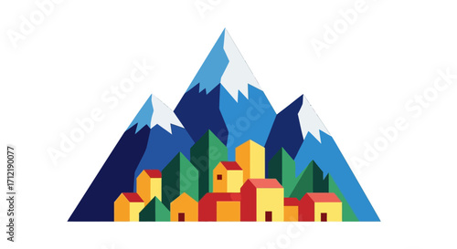 Stylized Mountain Village With Colorful Buildings And Snowy Peaks.