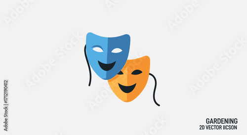 Two theatrical masks, one blue and one orange, represent comedy and tragedy, highlighting the duality of human emotion and expression in the performing arts.