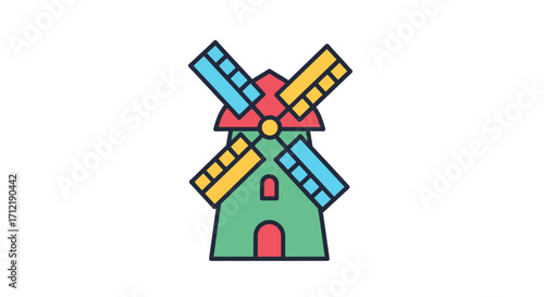 Colorful cartoon windmill icon with rotating blades.