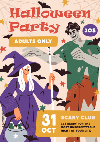 Halloween party placard design. October 31 night in creepy club, promotion card, banner template with witch, zombie characters. Inviting poster, flyer with disguised people. Flat vector illustration.