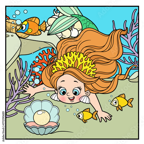 Cute little mermaid girl in coral tiara dives for pierl in shell down isolated on white background