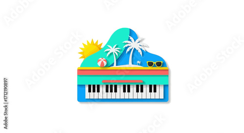 Creative Grand Piano with Tropical Island Scene Inside.