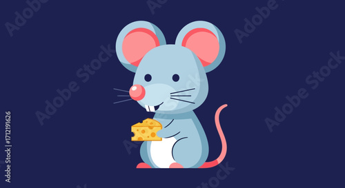 Cute cartoon mouse holding a piece of cheese.
