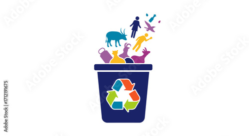 Colorful diverse items being thrown into a blue recycling bin.