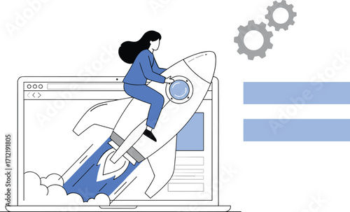 Digital project launch, rocket from laptop, innovation concept, tech startup illustration, user acceleration, modern design, engineering icons, online transformation