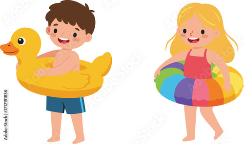 Cartoon children with inflatable swim rings, happy boy and girl, summer beach fun, swimming pool activity, colorful vector illustration children with inflatable swim rings, happy boy and