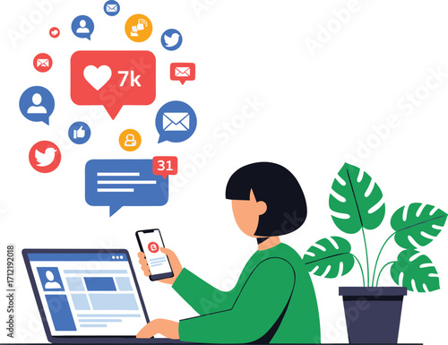 Social media engagement, multitasking user, laptop and smartphone, notification icons, digital interaction, online activity, modern workspace, creative illustration