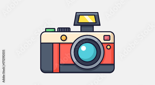 Stylized retro photo camera with pop up flash illustration.