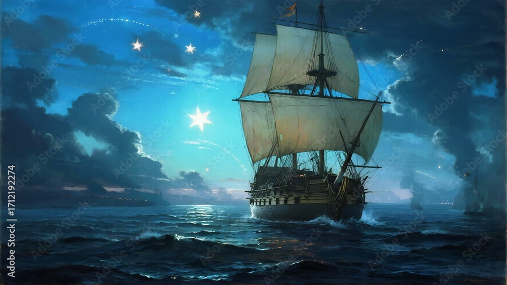 Fototapeta premium Columbus Day Majestic tall ship sailing under a star-filled night sky with a glowing celestial body illuminating the ocean waves and distant coastline, evoking wonder and adventure.