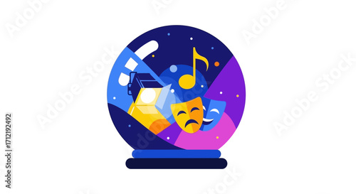 Musical theater snow globe with drama masks and music notes.