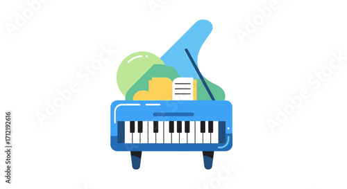 Stylized blue grand piano musical instrument vector illustration.
