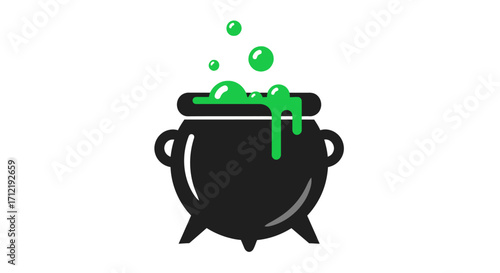 Witchs black cauldron with bubbling green magic potion illustration.