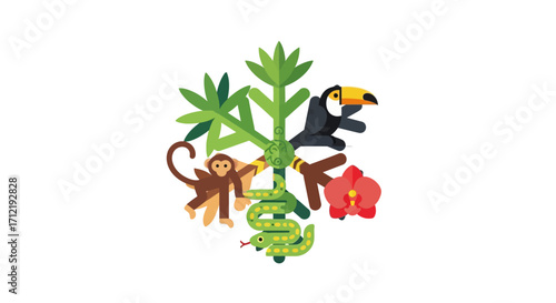 Vibrant illustration of jungle animals and tropical flora.