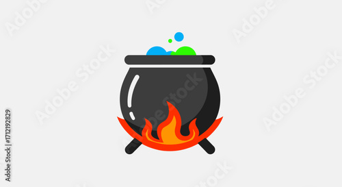 Cartoon Cauldron with Bubbling Potion Over Flames.