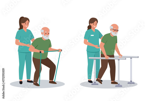 A female physical therapist is giving therapy to the elderly, vector illustration