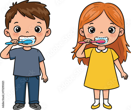 Cartoon kids brushing teeth, boy and girl dental hygiene, cheerful morning routine, flat vector illustration, cad drawing kids brushing teeth, boy and girl dental hygiene, cheerful mornin