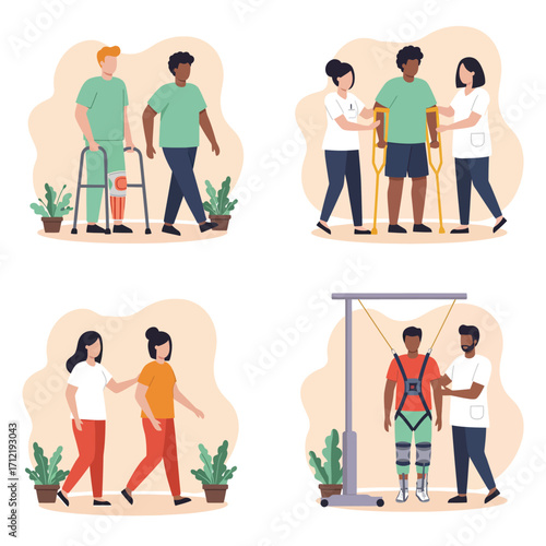 Various physiotherapy activities, vector illustration