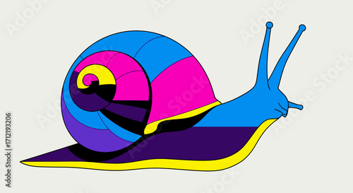 Colorful snail illustration with vibrant hues and artistic design on display.