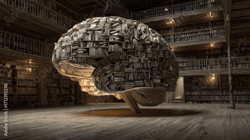 An artificial intelligence in the form of a human brain absorbs all available knowledge from books, self learing, KI, LLM, 16:9