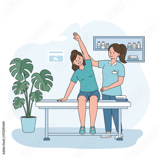 A female physical therapist is treating her patient, design vector illustration