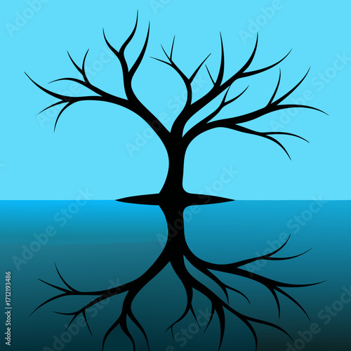 Bare tree reflected still water landscape vector on colorful background.